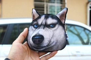 Detail of Husky dog face coin purse with realistic 3D plush ears and silver keychain