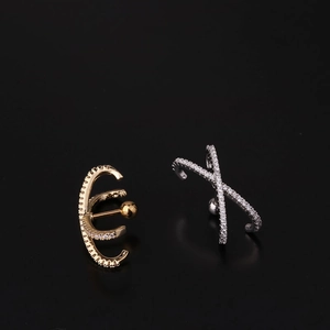 Chic gold C-shape and silver X-shape stainless steel ear cuffs with sparkling crystals