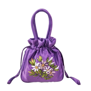 Ethnic style purple satin drawstring bucket bag with colorful floral embroidery