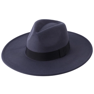 Detail of dark grey wool fedora hat with a wide brim and black decorative ribbon band