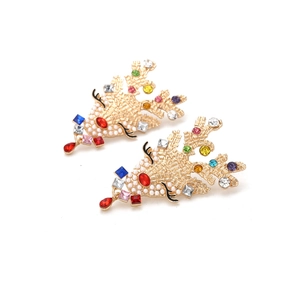 Exaggerated Christmas reindeer drop earrings with colorful rhinestones and pearls