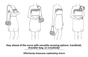 Detail guide showing four ways to wear the red bow clutch: handheld, shoulder, or crossbody
