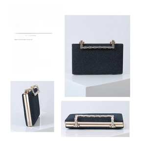 Detailed views of a black glitter evening clutch featuring a sparkling diamond handle