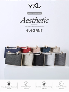 Detailed macro view showing a collection of glitter clutch bags in ten various colors