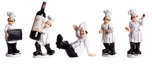 Set of resin chef figurines in various poses including wine rack for kitchen decor