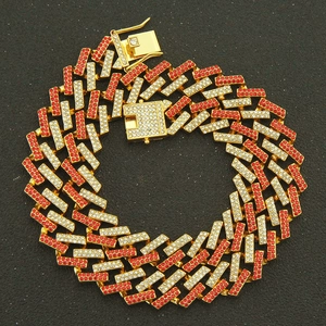 Chunky gold Cuban link chain necklace with red and white pave-set rhinestones for men