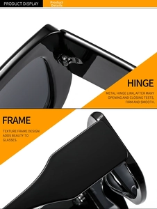 Detail of the oversized black sunglasses featuring thick temples and a sturdy metal hinge
