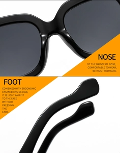 Detail of wide nose pads and ergonomic temple tips of black oversized sunglasses