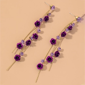 Boucles Oreilles Longues Pendantes Rose Violette Gland Avec Tige En Argent Sterling 925 Alliage Strass Femme