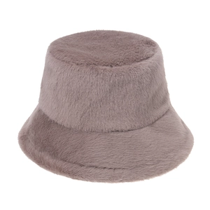 Detailed view of gray-purple plush faux fur bucket hat with thick winter texture