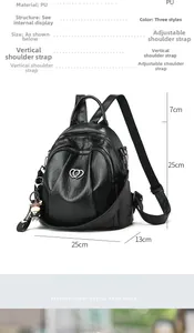 Detailed dimension chart showing 25cm height for black PU leather pleated backpack