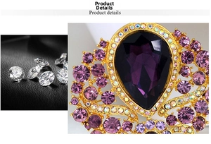 Macro detail of luxury gold alloy brooch with purple pear-cut gem and colorful rhinestones