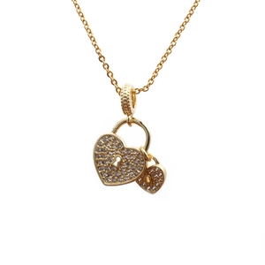 Collana Pendente Doppio Lucchetto A Cuore Micro Pavé Zircone Rame Tonalità Oro Gioielli Moda Donna