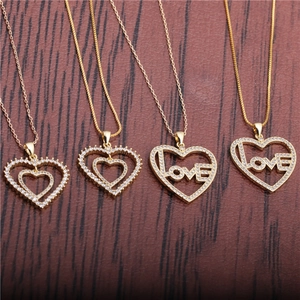 Romantic Heart Pendant Necklace Copper Rhinestone Inlaid LOVE Letter Double Layer Box Chain Jewelry Gift For Women