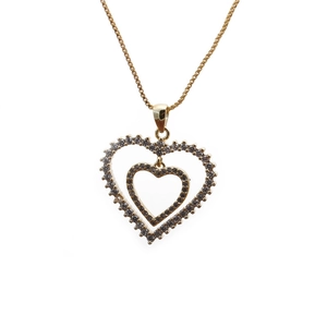 Hip hop style gold plated double heart necklace with sparkling zircon pave on box chain