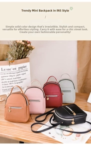 Detailed display of mini PU leather backpacks in five colors on a wooden desktop