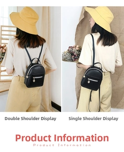 Detail showing the black leather backpack worn as both a single and double shoulder bag