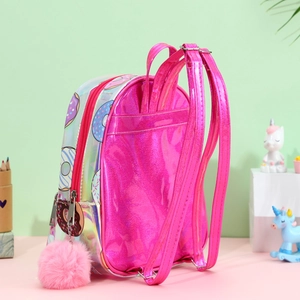 Detail of holographic donut backpack featuring pink plush ball and colorful TPU material