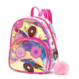 Holographic donut print children's backpack with pink trim and fuzzy pompom charm