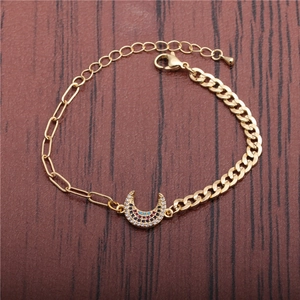Gold-plated punk hip hop moon bracelet with colorful cubic zirconia and asymmetric chains