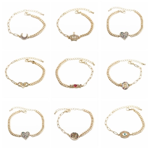 Collection of nine gold punk hip-hop bracelets with moon and colorful zircon charms