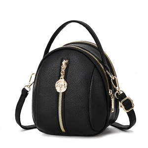 Mini black lychee leather backpack for women with golden rose zipper charms and straps