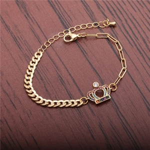 Hip hop crown bracelet with colorful cubic zirconia and gold-tone mixed link chain