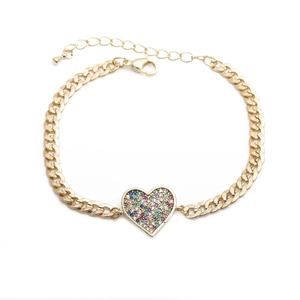 Hip Hop Heart Pendant Bracelet Colorful Zircon Inlaid Copper Gold Plated Cuban Link Chain Adjustable