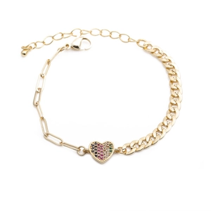 Heart Pendant Bracelet Copper Asymmetric Paperclip Cuban Link Multi-color Cubic Zirconia Punk Hip Hop Women