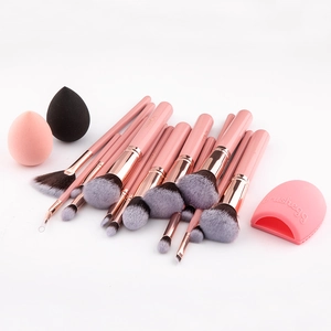 Comprehensive 16-piece makeup brush set with sponges and silicone cleaning tool