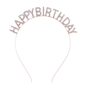 Rose gold metal Happy Birthday headband featuring sparkling rhinestone letters for women