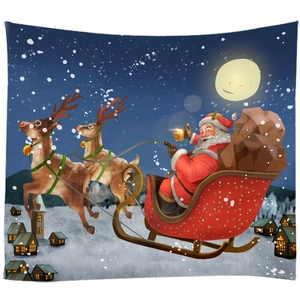 Christmas tapestry with Santa Claus and reindeer sleigh flying over a snowy village night