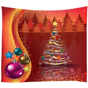 Weihnachts-Wandteppich mit rotem Hintergrund und goldenem Linienkunst-Weihnachtsbaum