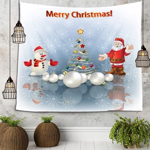 Detail showing high-quality Christmas tapestry with snowmen and Santa on industrial wall