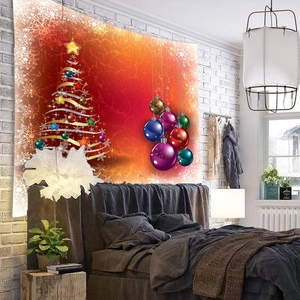 Detail of Christmas tapestry showing golden spiral tree and colorful hanging ornaments