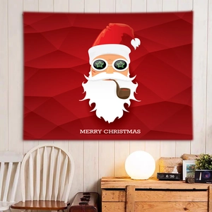 Close-up of a festive Christmas tapestry with a cool Santa design in a warm room setting
