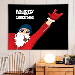 Detail view of rock-style Santa Christmas tapestry on wood wall in cozy home interior