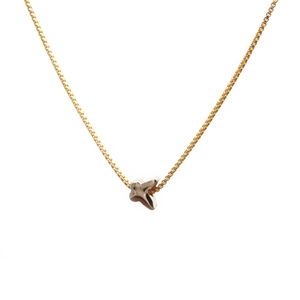Polished gold box chain necklace with a minimalist cross pendant on white background