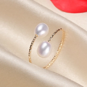 Elegant gold-filled twisted rope open ring featuring two white freshwater pearls on silk
