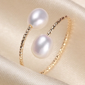 Elegant Freshwater Pearl Ring Gold Filled Adjustable Open Bypass Double Pearl Delicate Jewelry Accessories For Women