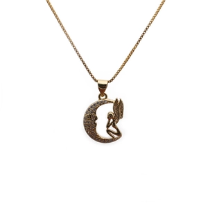 Golden moon and fairy pendant necklace with micro-paved zircons and fine box chain