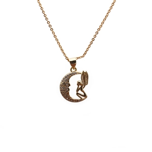 Golden moon and angel pendant necklace featuring micro-set zircon stones on fine chain