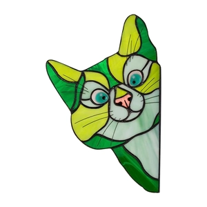 Cartoon stained glass cat corner sticker for doors and windows in green and white colors
