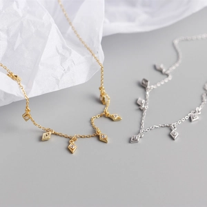 S925 sterling silver geometric tassel necklace with sparkling cubic zirconia charms