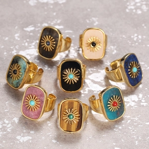 Sunburst Open Adjustable Ring Brass Gold Plated Natural Stone Tiger Eye Lapis Lazuli Vintage Bohemian Women Jewelry