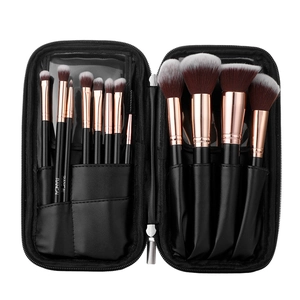 12-piece black and rose gold makeup brush set with a professional zip storage case
