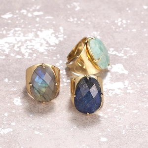 Adjustable gold rings with faceted labradorite, lapis lazuli and turquoise natural stones