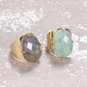 Adjustable golden rings with teardrop faceted labradorite and green quartz stones