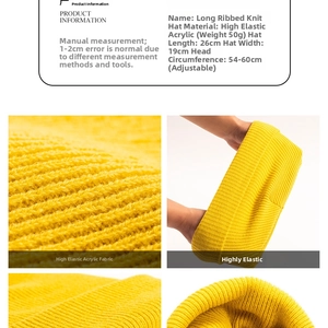 Size chart for yellow knitted beanie showing dimensions and elastic acrylic fabric specs