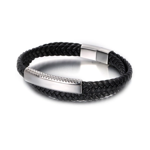 Men's double-layer braided black leather bracelet with stainless steel geometric clasp